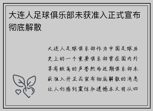 大连人足球俱乐部未获准入正式宣布彻底解散