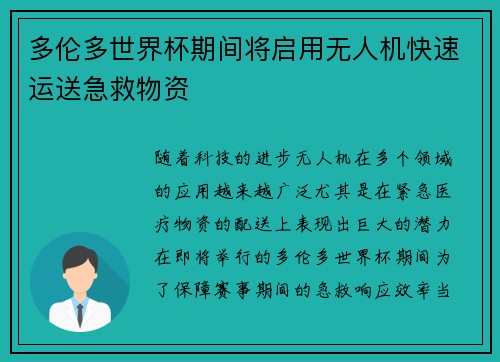 多伦多世界杯期间将启用无人机快速运送急救物资