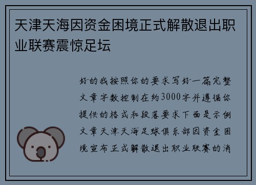 天津天海因资金困境正式解散退出职业联赛震惊足坛
